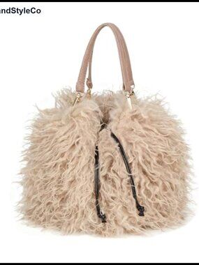 Faux Fur Mongolian Drawstring Bucket Tote Handbag
